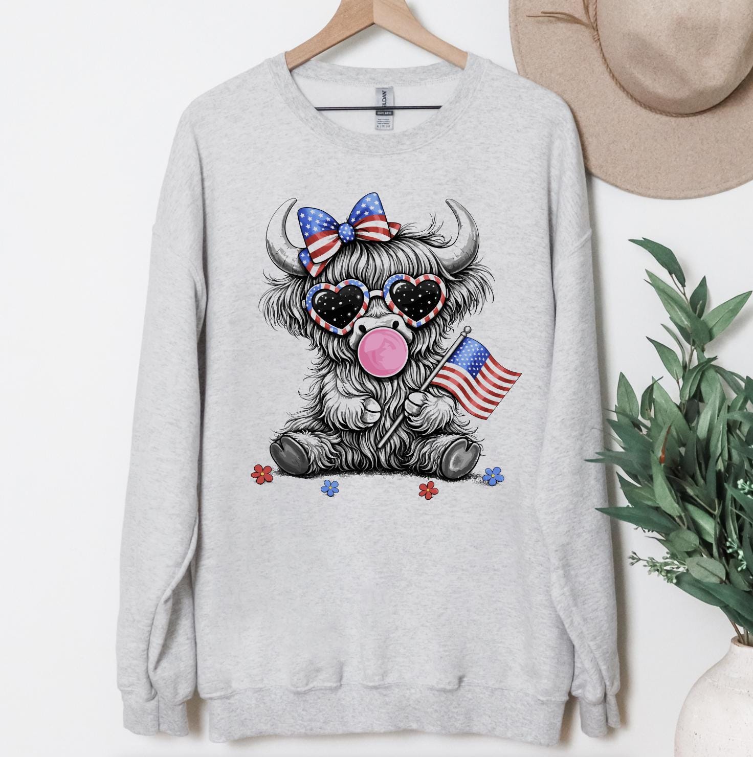 Patriotic Highland Cow T-Shirt or Sweatshirt | 4th of July Cow with American Flag & Bubbelgum | DTG Printed USA Graphic Tee