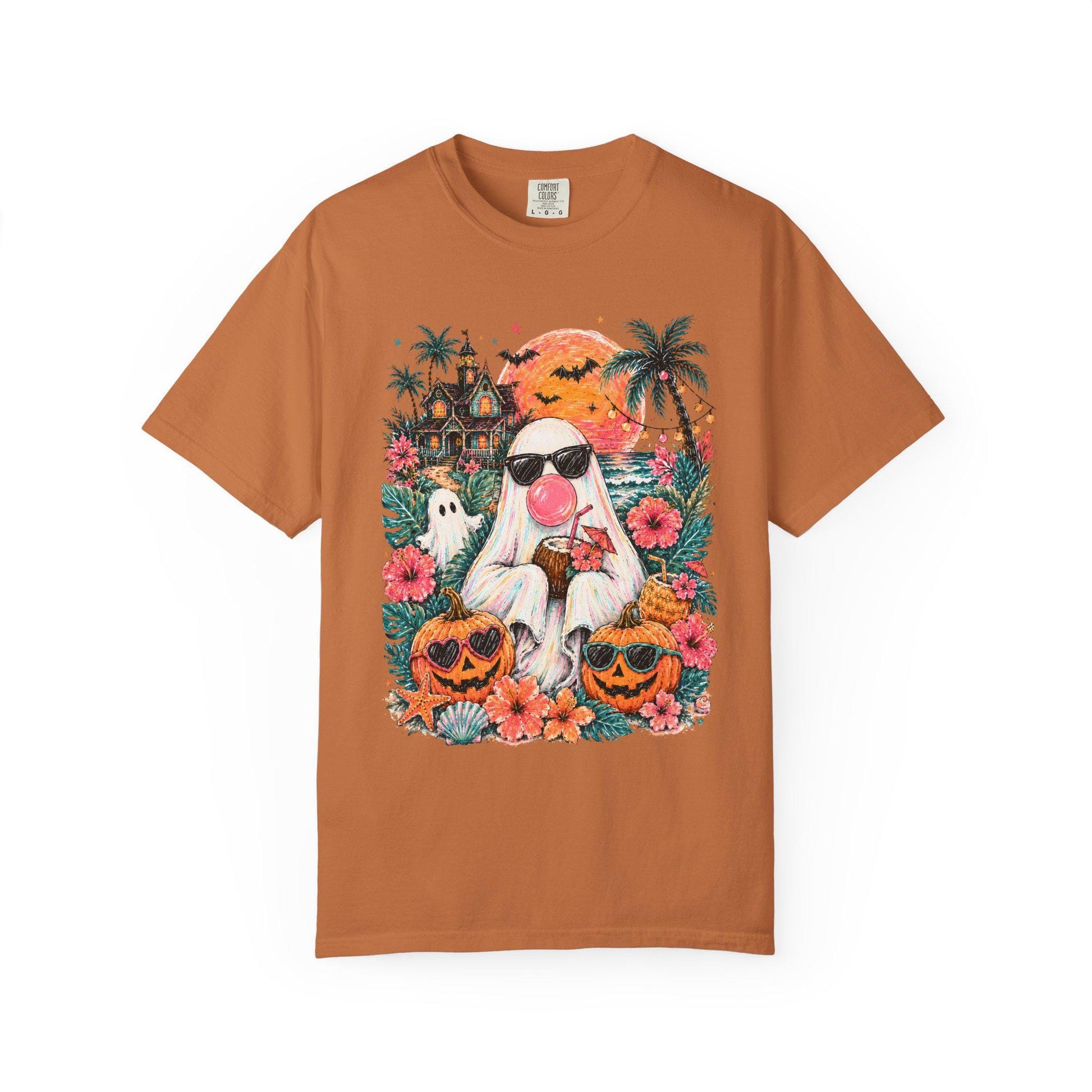 Tropical Halloween Ghost T-shirt | Haunted House, Pumpkins, Palm Trees