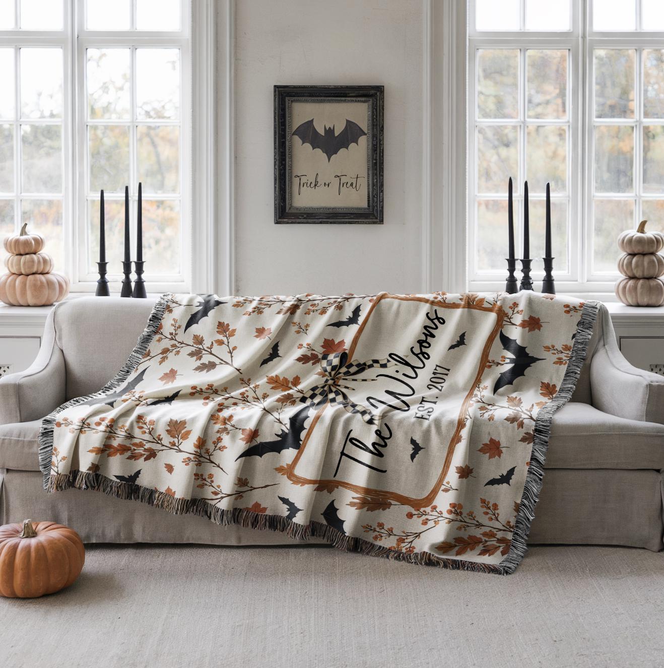 Custom Neutral Halloween Blanket, Bat Boho Halloween Decor, Custom Family Name Woven Blanket Floral Halloween Throw Blanket Fall Home Decor