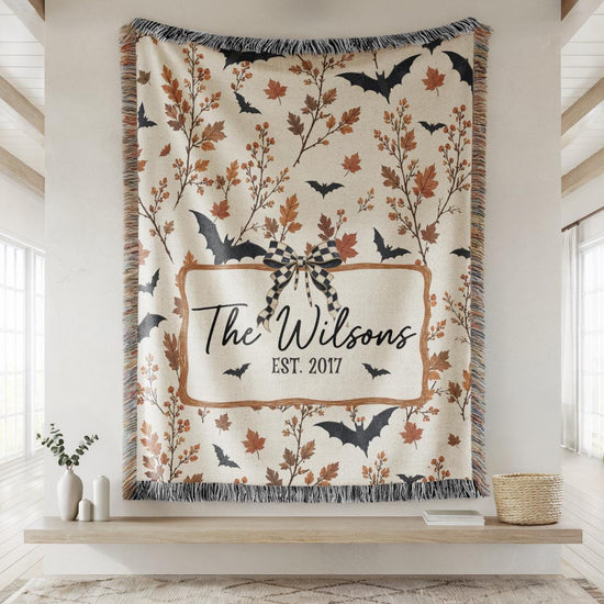 Custom Neutral Halloween Blanket, Bat Boho Halloween Decor, Custom Family Name Woven Blanket Floral Halloween Throw Blanket Fall Home Decor