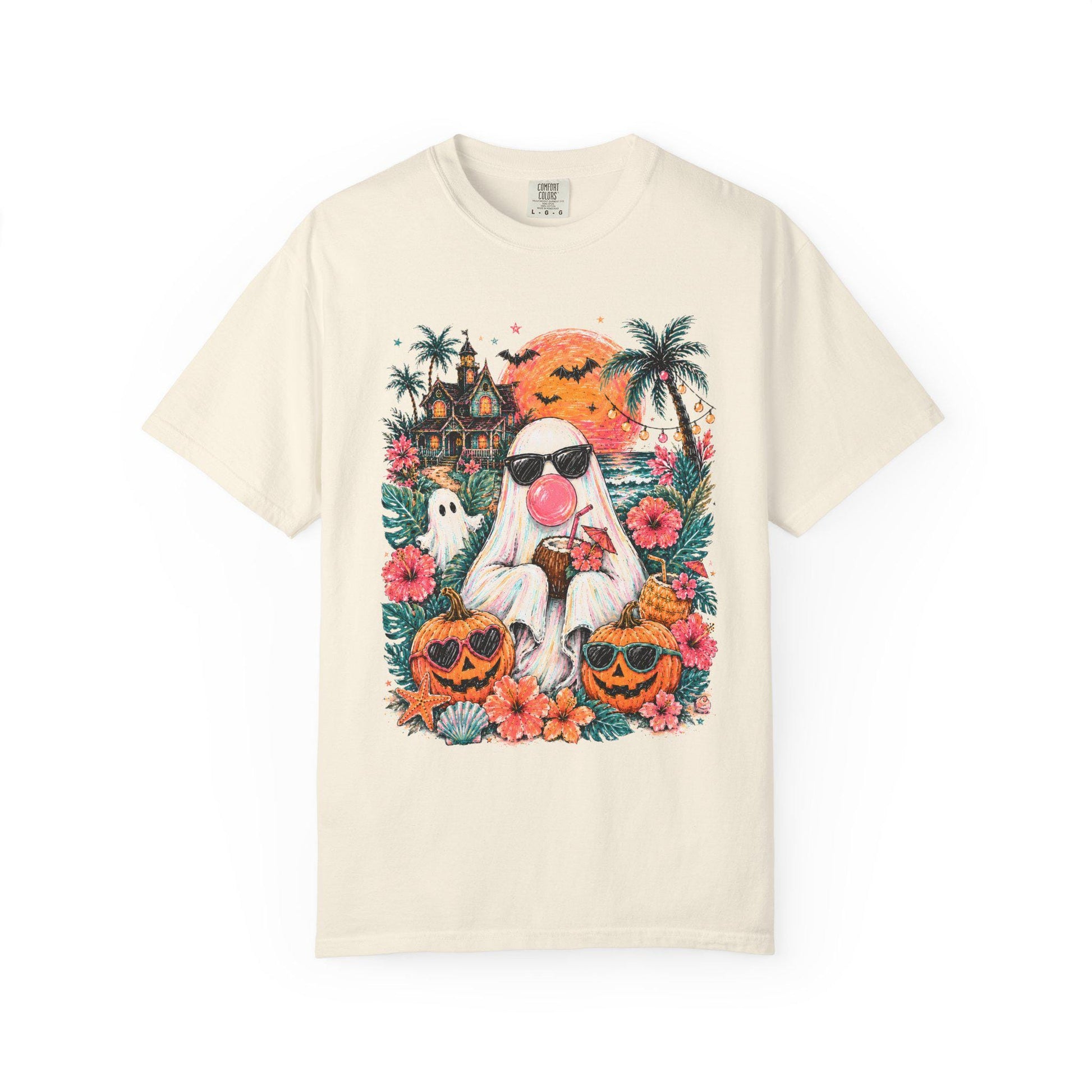 Tropical Halloween Ghost T-shirt | Haunted House, Pumpkins, Palm Trees