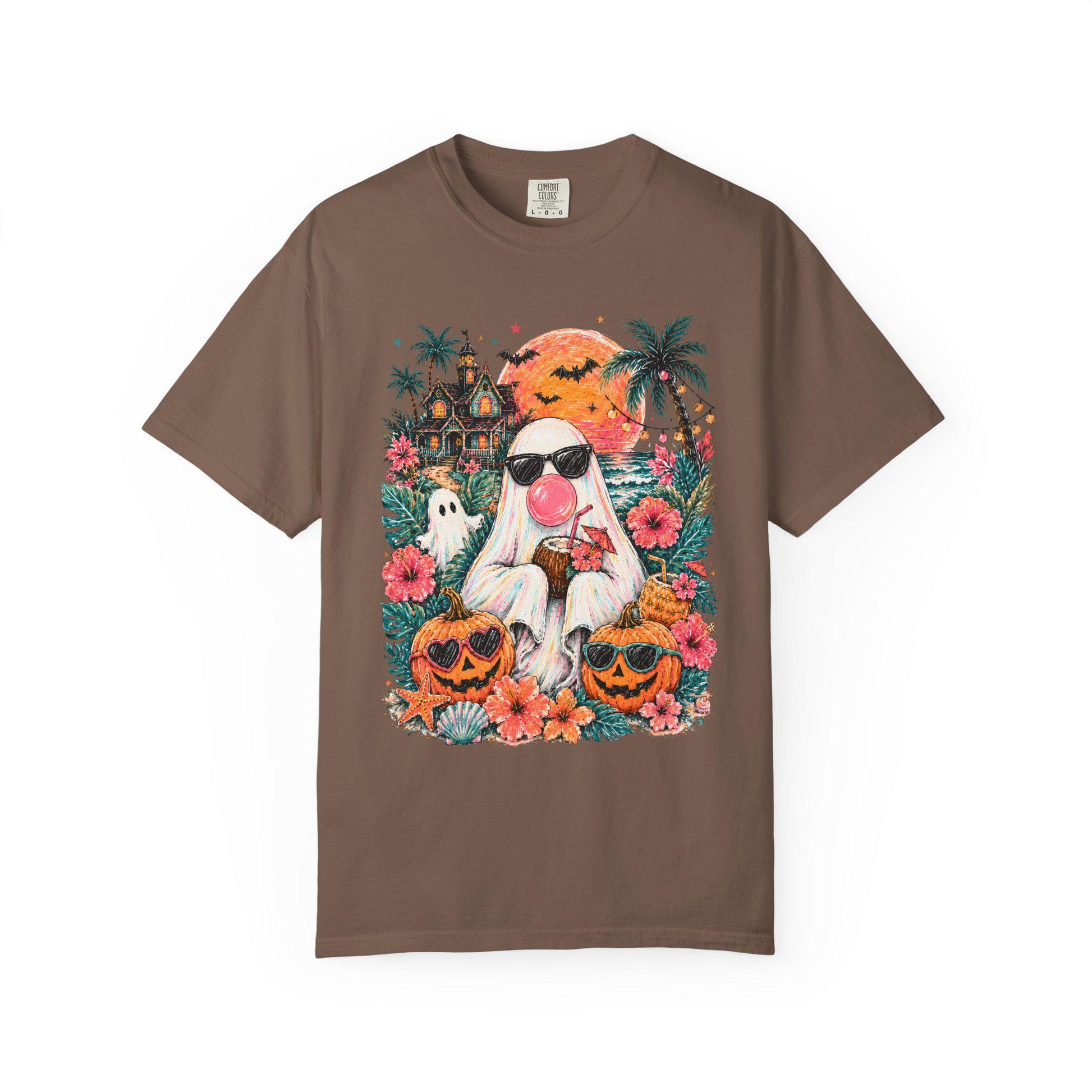 Tropical Halloween Ghost T-shirt | Haunted House, Pumpkins, Palm Trees