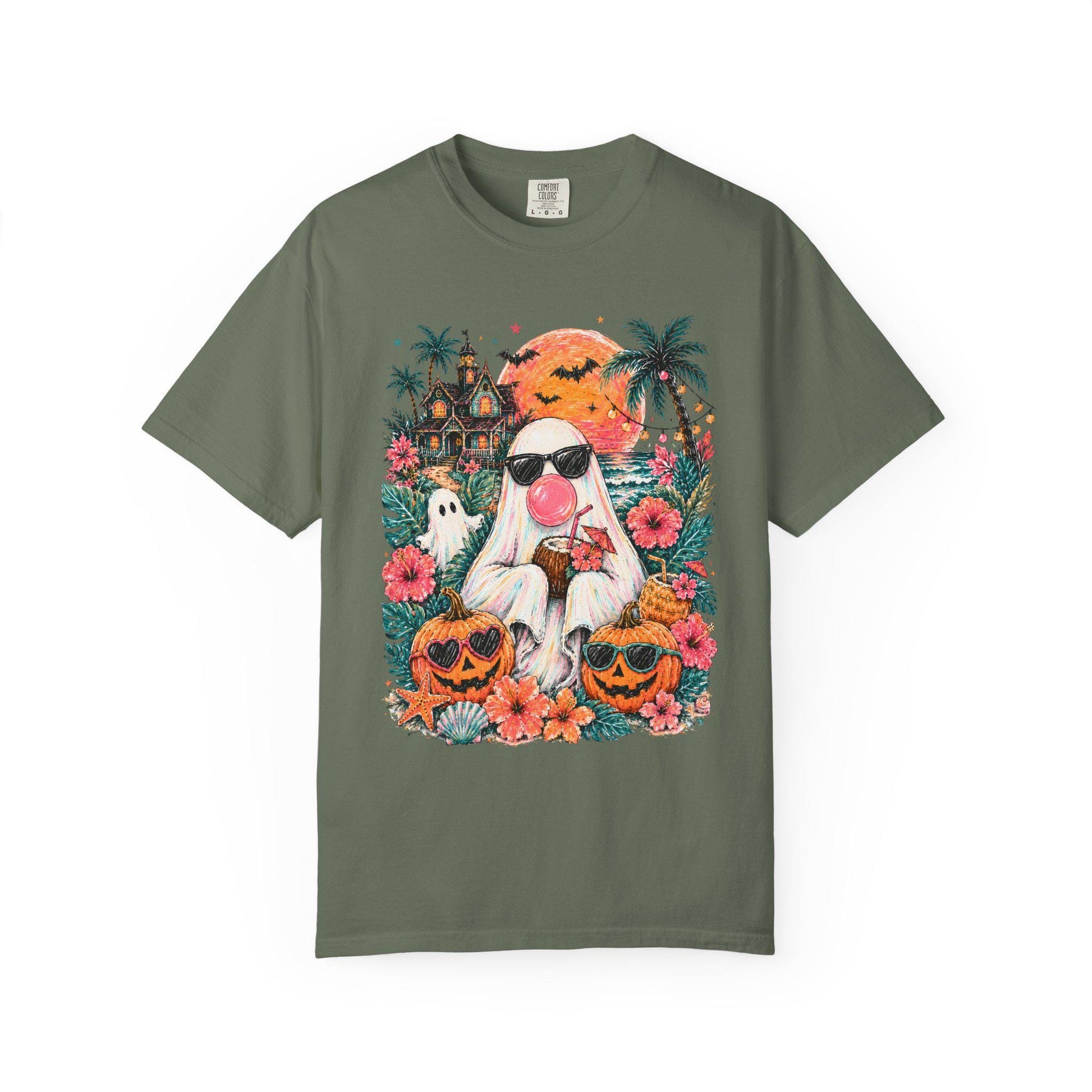 Tropical Halloween Ghost T-shirt | Haunted House, Pumpkins, Palm Trees