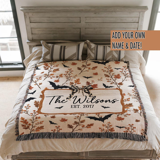 Custom Neutral Halloween Blanket, Bat Boho Halloween Decor, Custom Family Name Woven Blanket Floral Halloween Throw Blanket Fall Home Decor