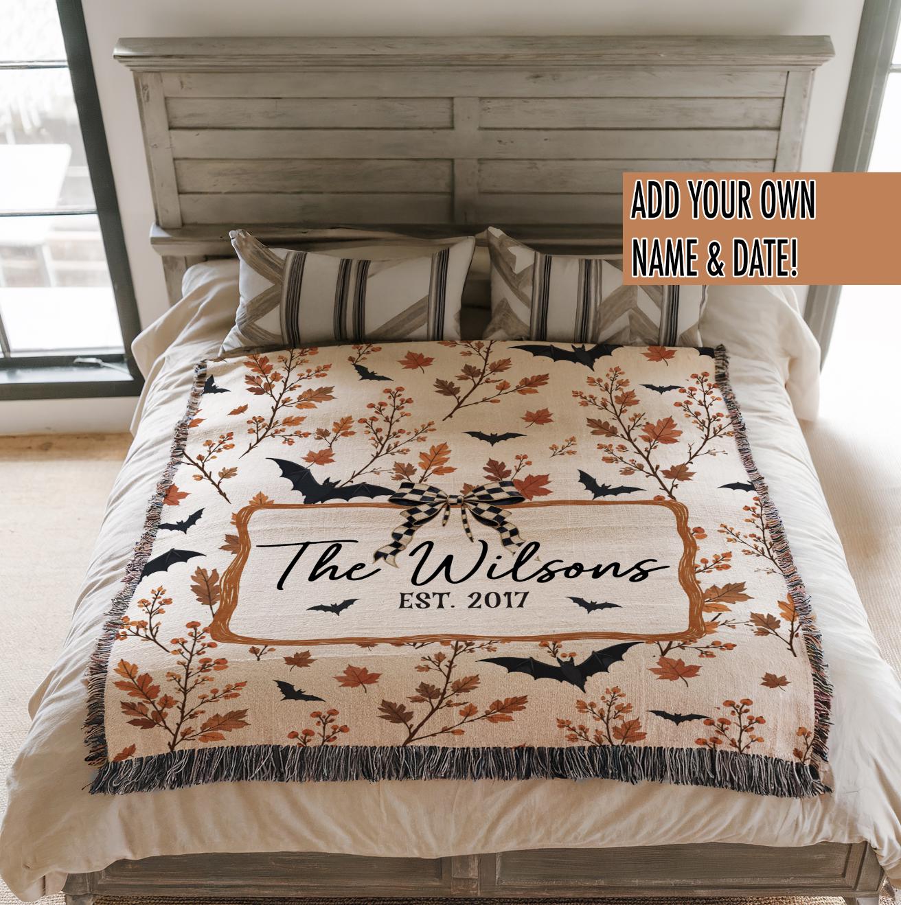 Custom Neutral Halloween Blanket, Bat Boho Halloween Decor, Custom Family Name Woven Blanket Floral Halloween Throw Blanket Fall Home Decor