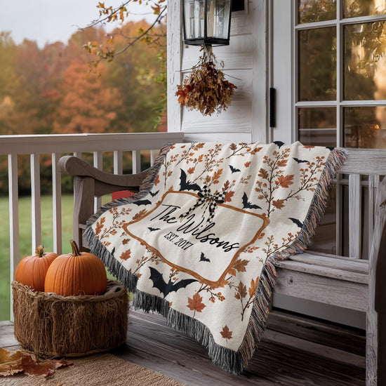 Custom Neutral Halloween Blanket, Bat Boho Halloween Decor, Custom Family Name Woven Blanket Floral Halloween Throw Blanket Fall Home Decor
