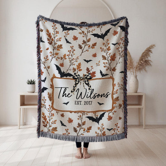 Custom Neutral Halloween Blanket, Bat Boho Halloween Decor, Custom Family Name Woven Blanket Floral Halloween Throw Blanket Fall Home Decor