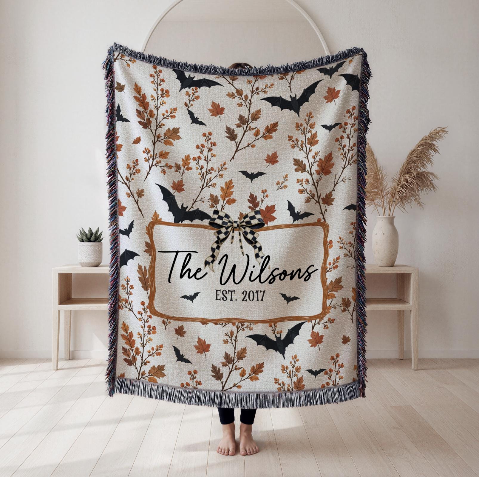 Custom Neutral Halloween Blanket, Bat Boho Halloween Decor, Custom Family Name Woven Blanket Floral Halloween Throw Blanket Fall Home Decor