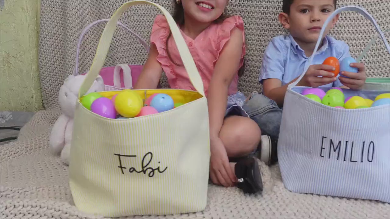 Custom Canvas Seersucker Easter Baskets, Personalized Basket for Easter, Boy Girl Easter Blue, Pink, Yellow, Green Basket