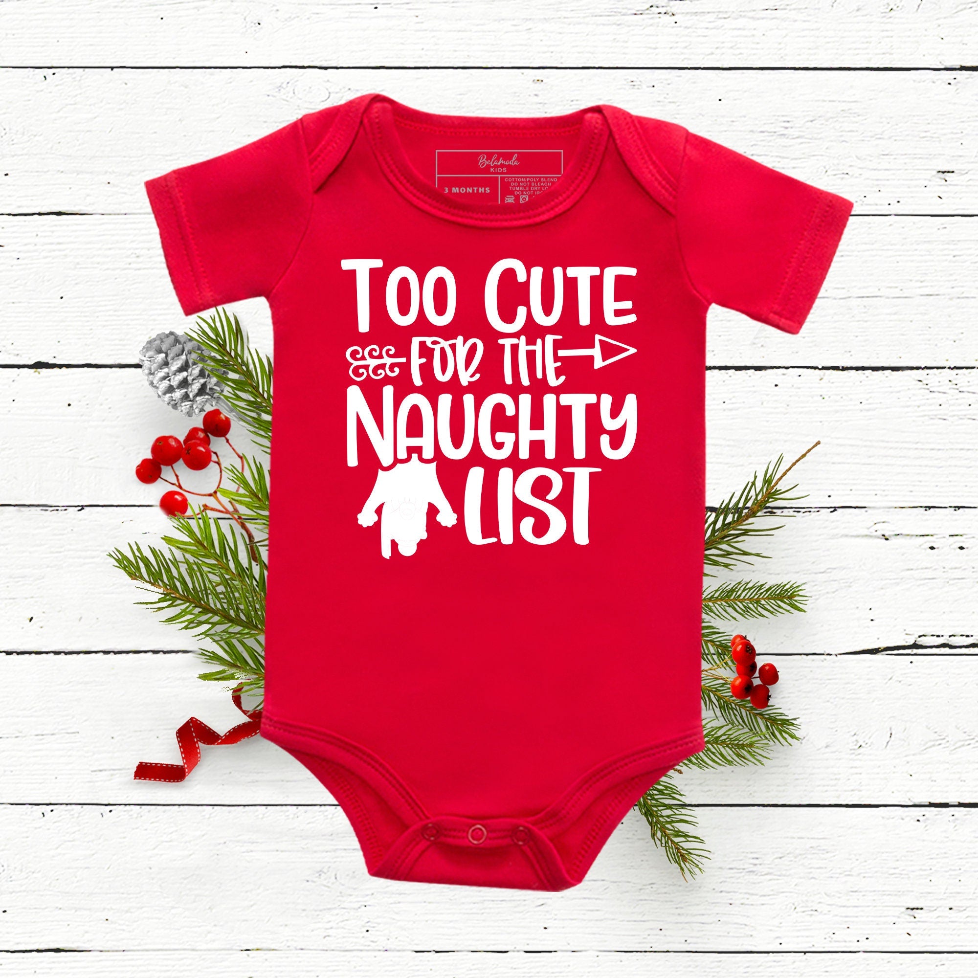 Christmas Baby Bodysuit | Christmas Bodysuit | Red Baby Bodysuit | Too Cute for the Naughty List