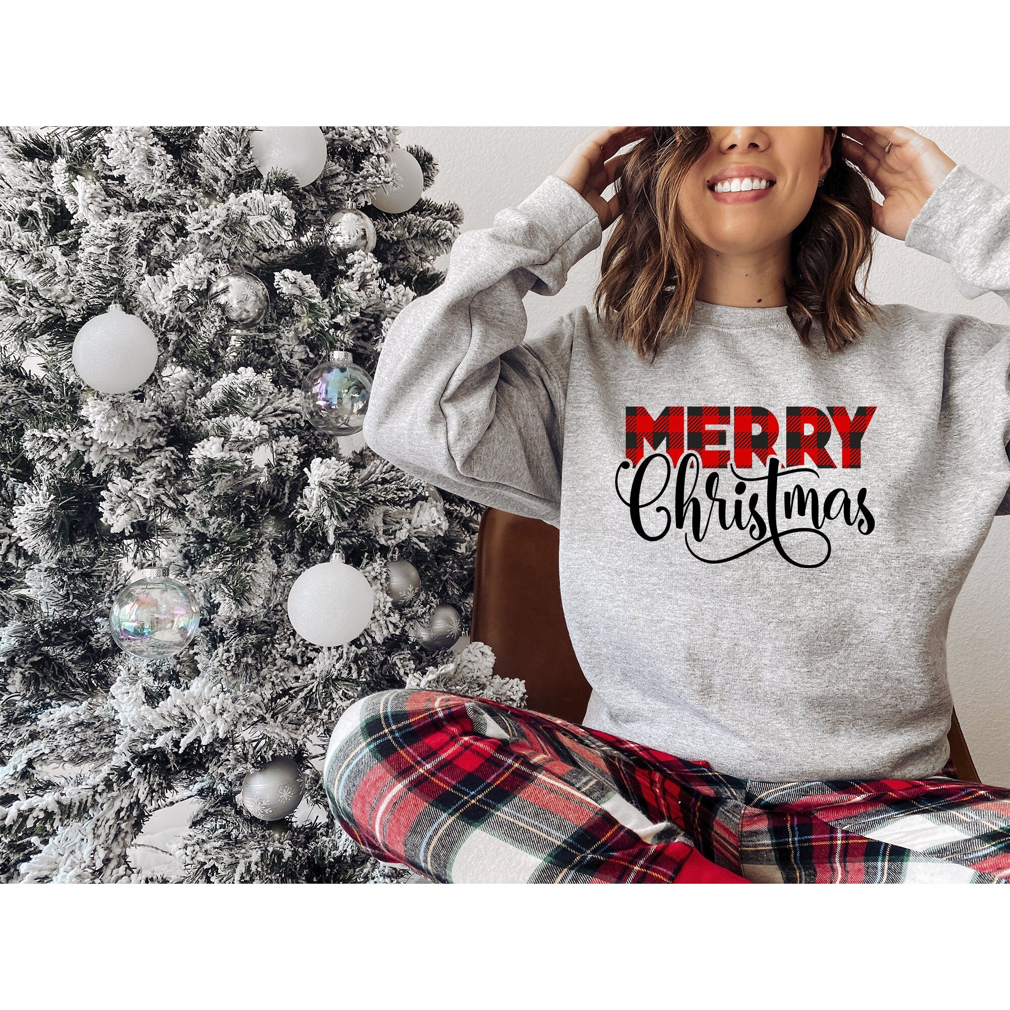 Unisex Christmas Sweatshirt, Buffalo Plaid Christmas Trees Sweatshirt, Christmas Sweater, Christmas Sweatshirt, Christmas Pajamas Unisex