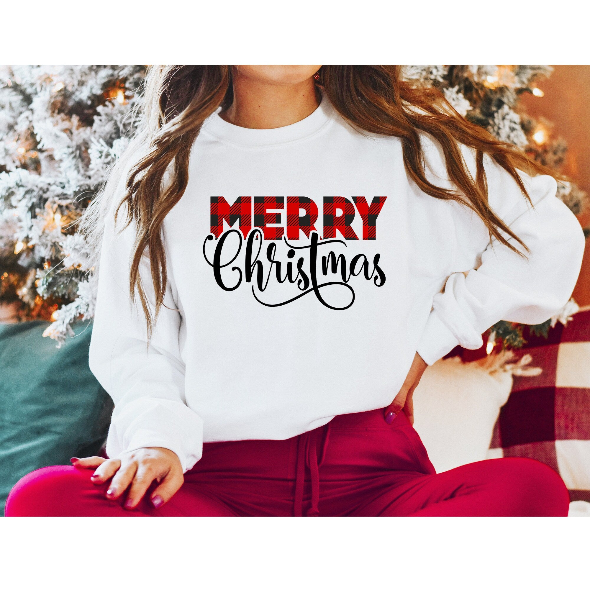 Unisex Christmas Sweatshirt, Buffalo Plaid Christmas Trees Sweatshirt, Christmas Sweater, Christmas Sweatshirt, Christmas Pajamas Unisex