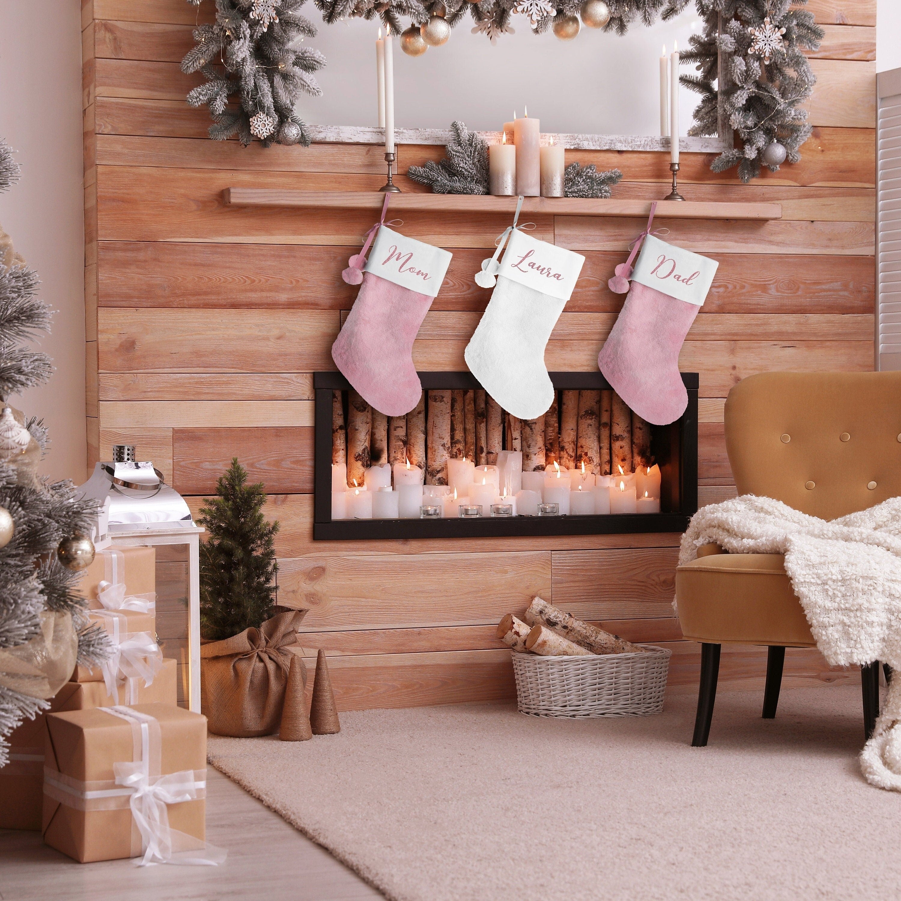 Personalized Pink Christmas Stockings, Pom Pom Stockings, Boho Pink Style Stockings, Blush Pink Stocking