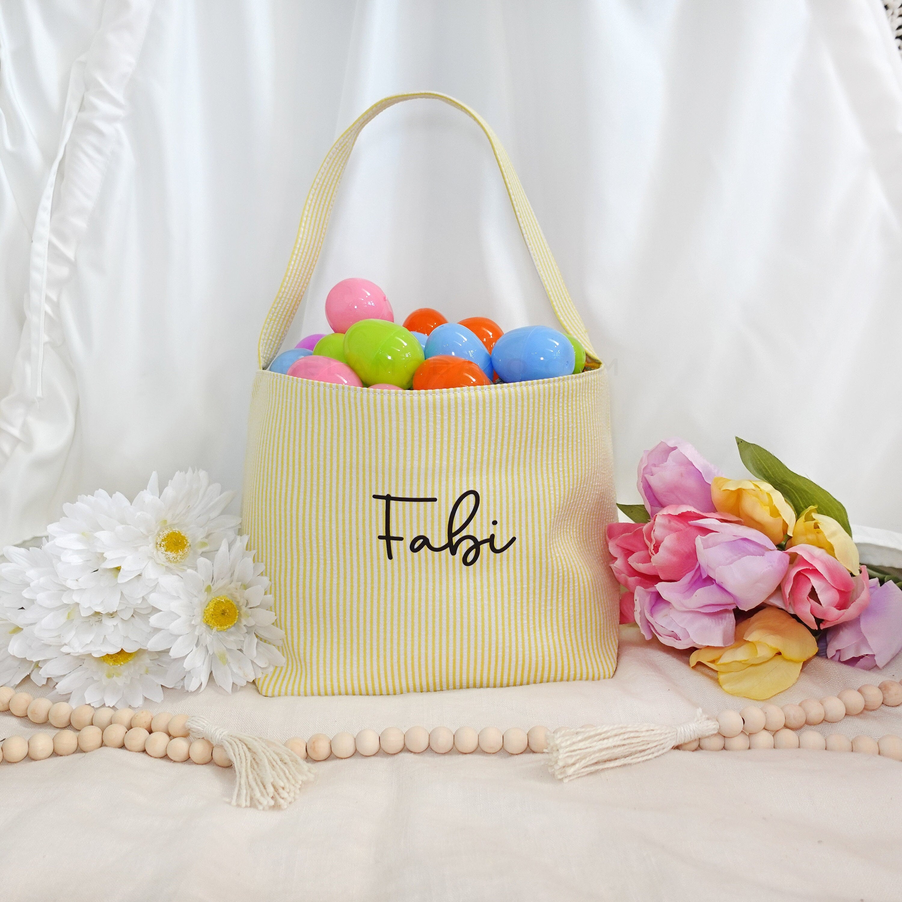 Custom Canvas Seersucker Easter Baskets, Personalized Basket for Easter, Boy Girl Easter Blue, Pink, Yellow, Green Basket