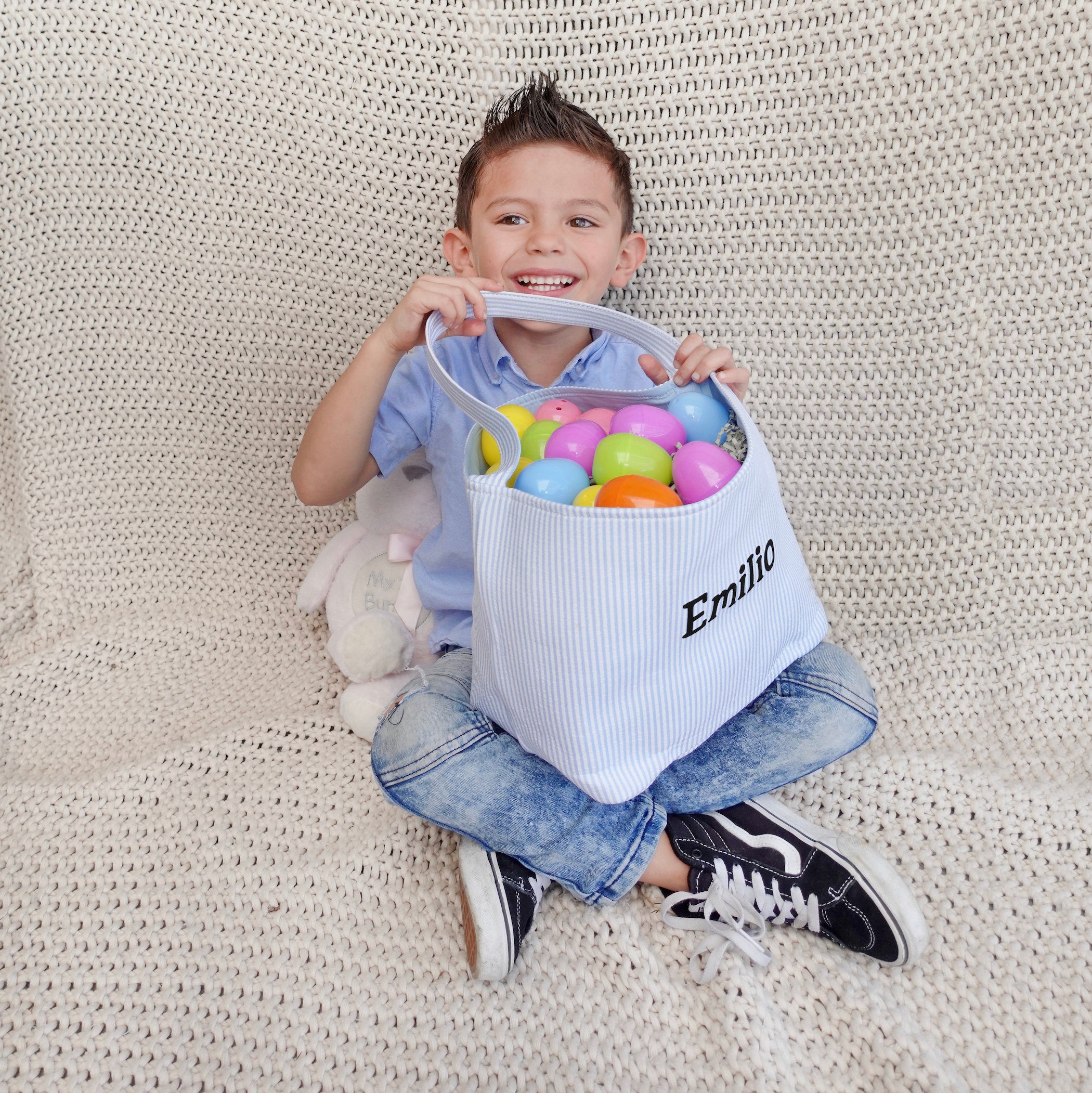 Custom Canvas Seersucker Easter Baskets, Personalized Basket for Easter, Boy Girl Easter Blue, Pink, Yellow, Green Basket