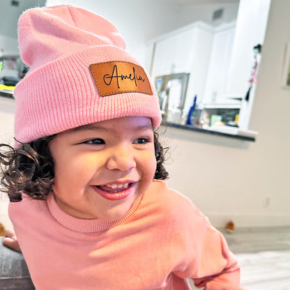 Custom Kids Beanie with Name, Leather Engraved Personalized Beanie, Custom Leather Patch Beanies for Baby, Toddler Child